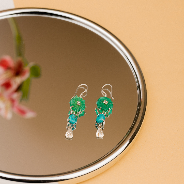 Green onyx flower earrings